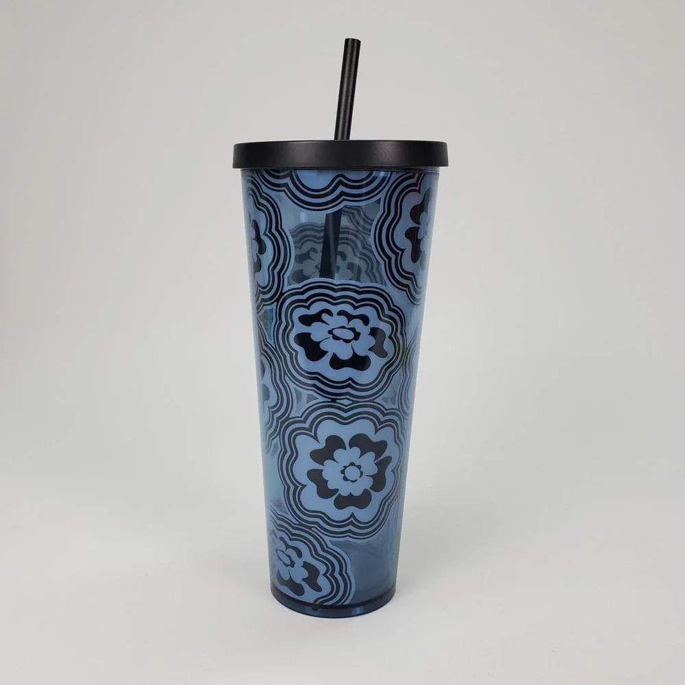 Starbucks Blue Floral Mandala Venti Cold Cup Tumbler 24oz Black Lid and Straw